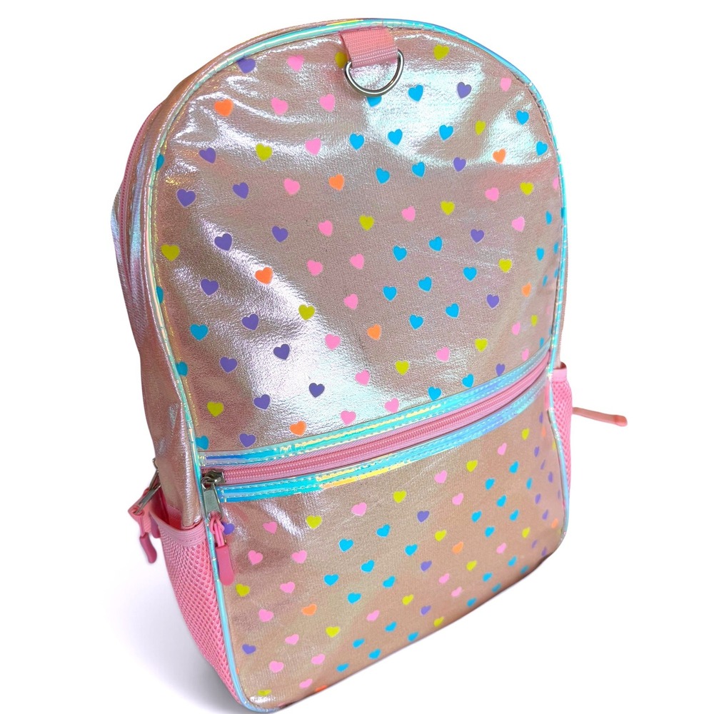 Metallic Pink Heart Print Backpack Iridescent School Bag with Mesh Pockets